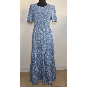 Maggeer Women Dress L Blue White Floral Smocked Midi cottagecore spring festival